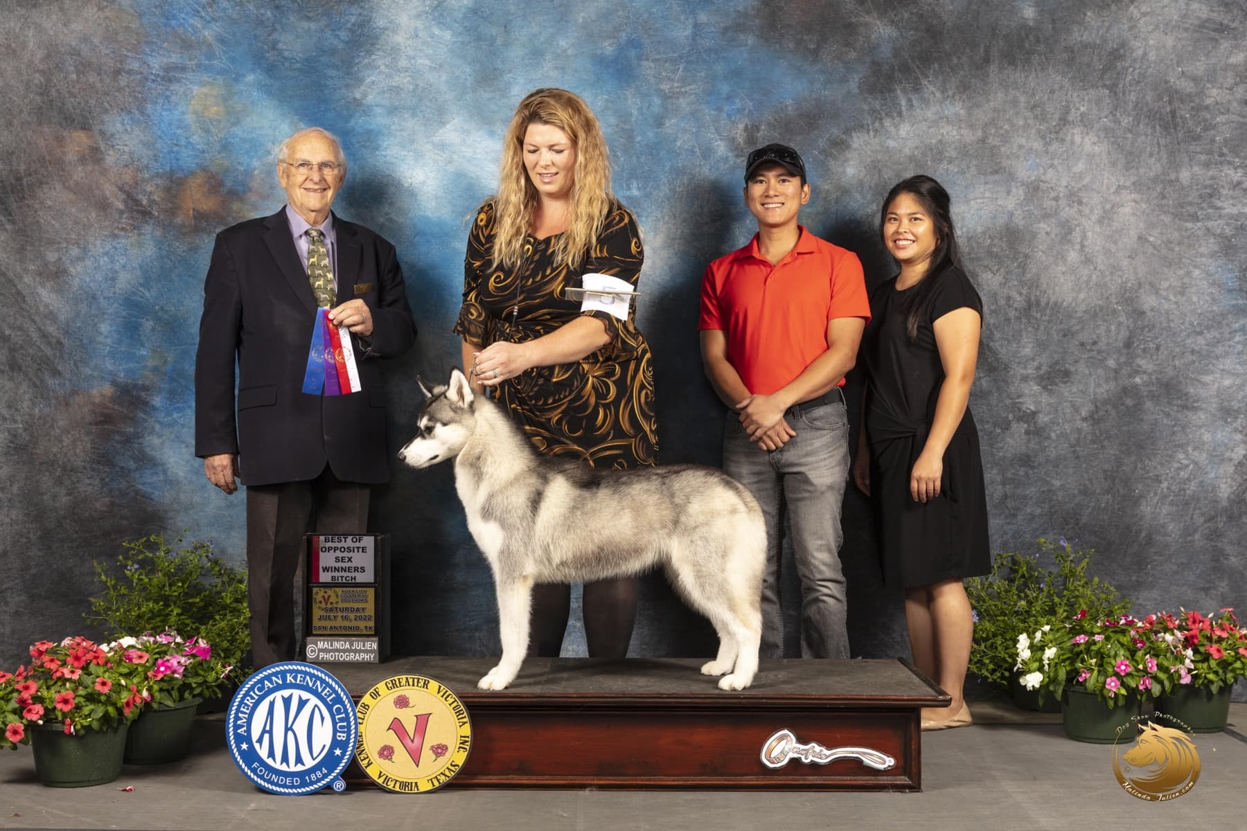 Twilight standing with her handler, judge, and family for a dog show portrait